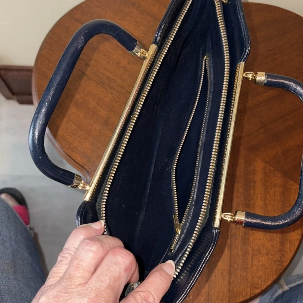 Vintage leather satchel  Crossbody bag  Navy blue  gold tone accents added chain